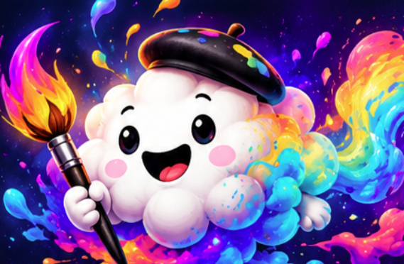 The Art by Fart cloud mascot surrounded by colorful paint splatter
